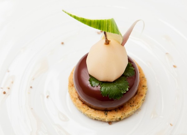 Pear with lemongrass, herbs and dark bitter chocolate