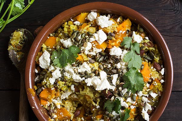 Pearl barley and rice pilaf with pumpkin, almonds and feta 