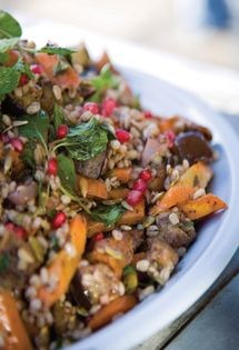 Pearl barley, eggplant, pomegranate & mint salad