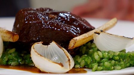 Pearl barley risotto with beer-braised beef cheeks and onion