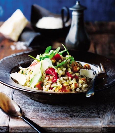 Pearl barley risotto with roasted squash, red peppers and rocket