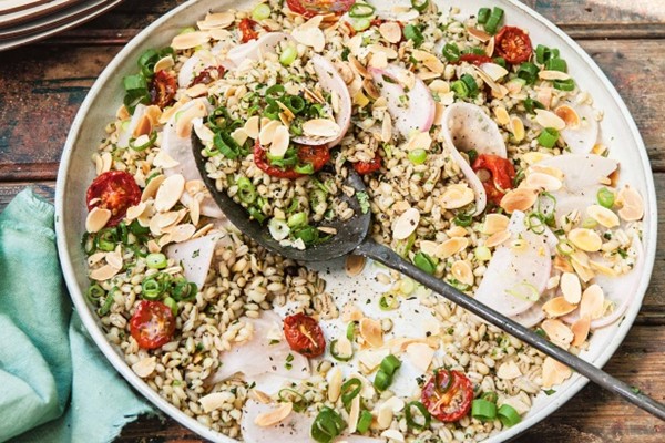 Pearl barley salad with pickled turnip and roasted tomatoes