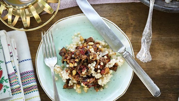 Pearl couscous with silky sautéed eggplant, peppers, and peppermint