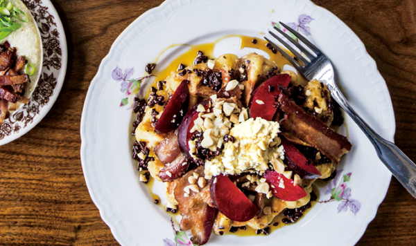 Pearl sugar waffles with bacon and plums