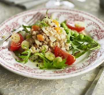 Pearled spelt salad with peas and gooseberries