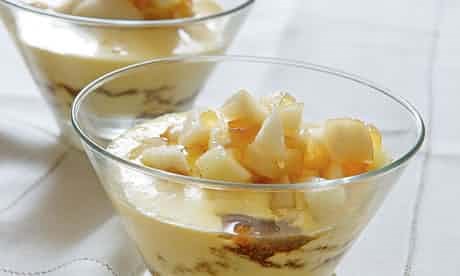Pears, custard, ginger cake