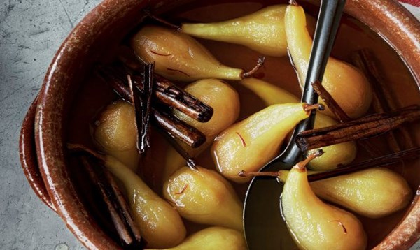 Pears in saffron and cinnamon syrup