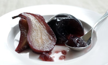 Pears poached in red wine