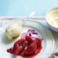 Pears poached in red wine and peppercorns with Parmesan cream