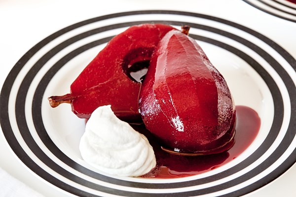 Pears poached in ruby Port with spices