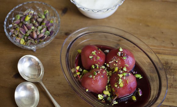 Pears poached in sparkling ruby Cabernet
