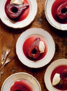 Pears poached in wine with mascarpone cream