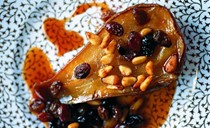 Pears, raisins, and pine nuts baked in moscatel