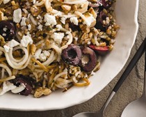 Pears with farro, cherries, walnuts, and goat cheese