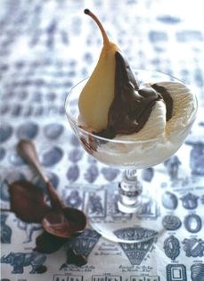 Pears with vanilla ice-cream and spicy chocolate sauce
