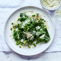 Peas and baby leaf greens with tahini dressing
