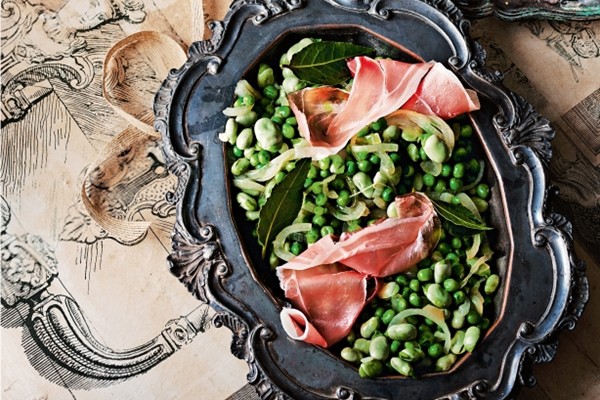 Peas and broad beans with prosciutto