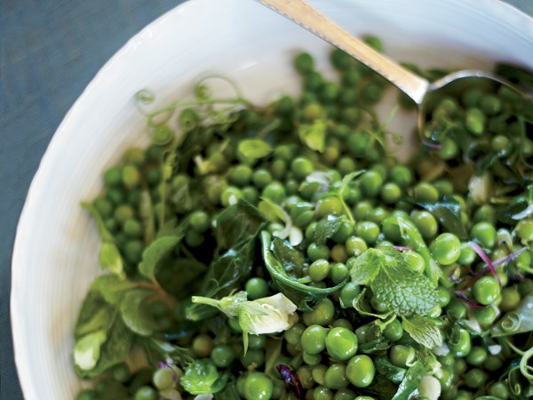 Peas and pea shoots with spring onions and mint [Mike Lata]