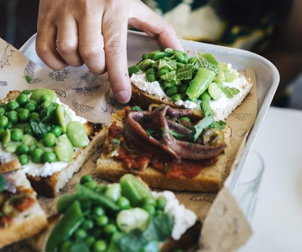 Peas, beans, ricotta and mint bruschetta