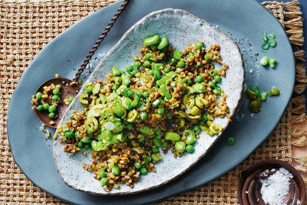 Peas, broad beans and freekeh with walnuts and green olives