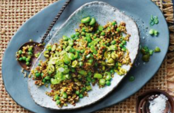 Peas, broad beans and freekeh with walnuts and green olives