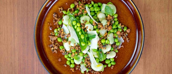 Peas, broad beans, Manchego and migas