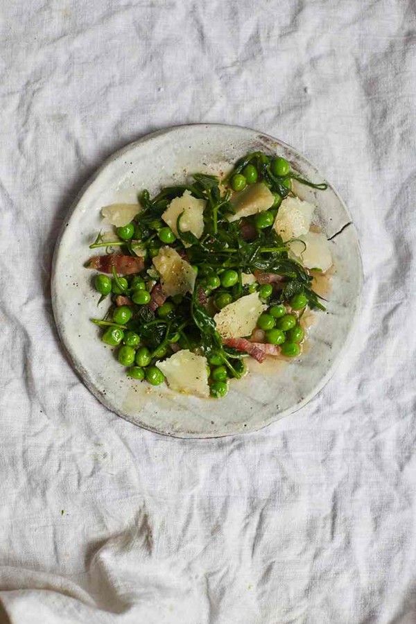 Peas, pancetta, shoots and Parmesan