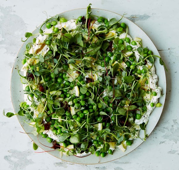 Peas, salted lemon, ricotta and sticky dates