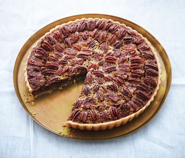 Pecan and chocolate tart with bourbon whipped crème fraîche