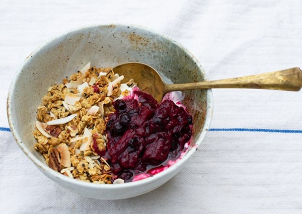 Pecan and coconut granola with roasted rhubarb and blackcurrants