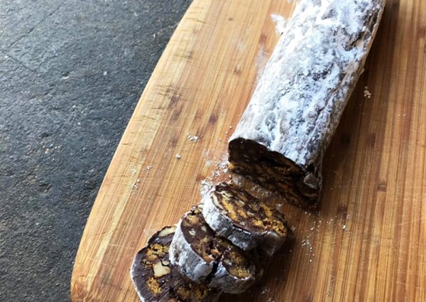 Pecan and gingernut chocolate salami