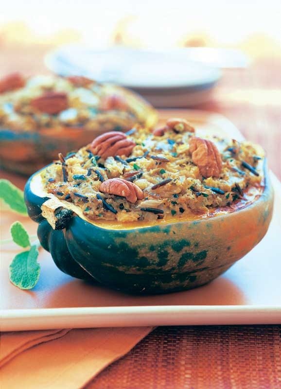 Pecan and wild rice-stuffed squash