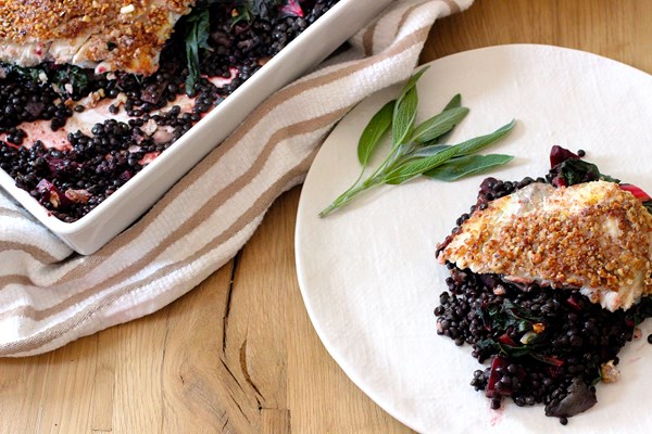 Pecan-crusted trout over leek, braised Swiss chard & lentils