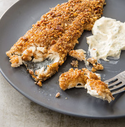 Pecan-crusted trout with creamy lemon-garlic sauce