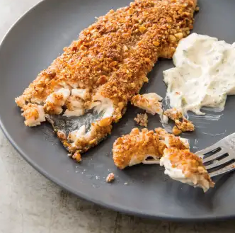 Pecan-crusted trout with creamy lemon-garlic sauce
