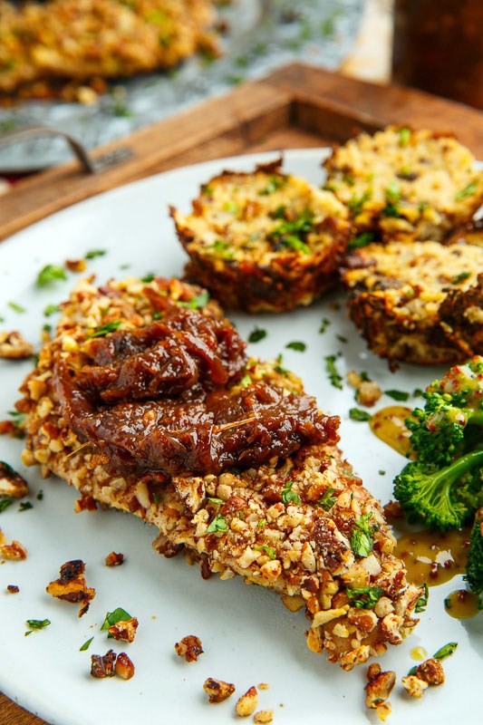 Pecan crusted turkey cutlets with bacon-maple onion marmalade