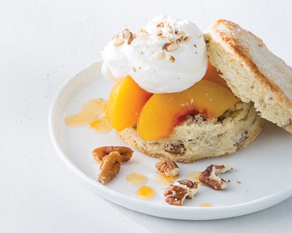 Pecan shortcakes with fresh peaches and whipped cream