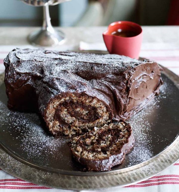 Pecan Yule log with caramel sauce