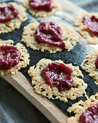 Pecorino crisps with rhubarb-cherry chutney