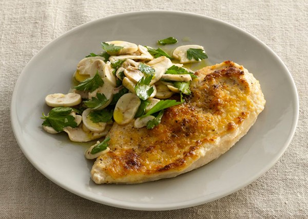 Pecorino-crusted chicken with mushroom salad