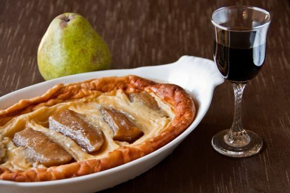 Pedro Ximenez sherry, vanilla bean & cinnamon poached pear clafoutis