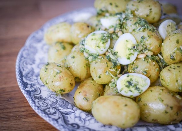 Pembrokeshire Early potatoes with nasturtium pesto and quail's eggs