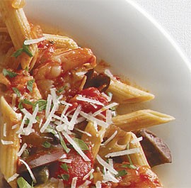 Penne alla puttanesca with shrimp