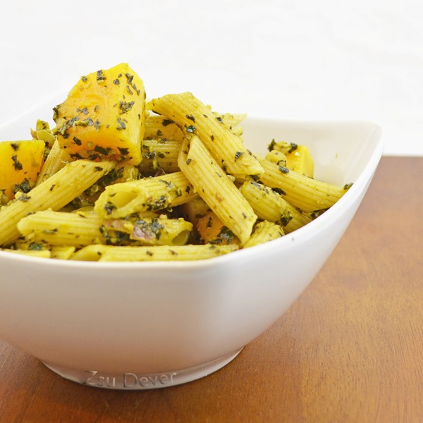 Penne and butternut squash with kale pesto