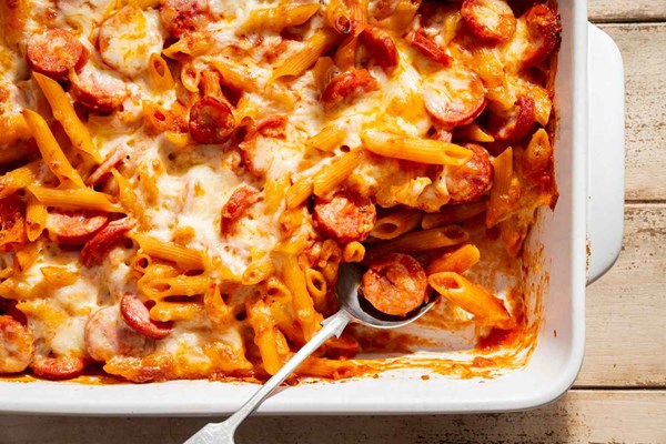 Penne and smoked sausage casserole