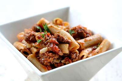 Penne pasta with meat sauce