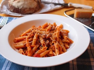 Penne pasta with spicy sausage ragu