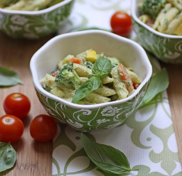 Penne primavera with avocado cashew cream