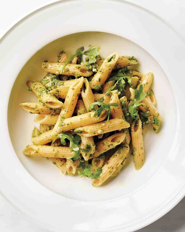 Penne rigate with arugula-almond pesto