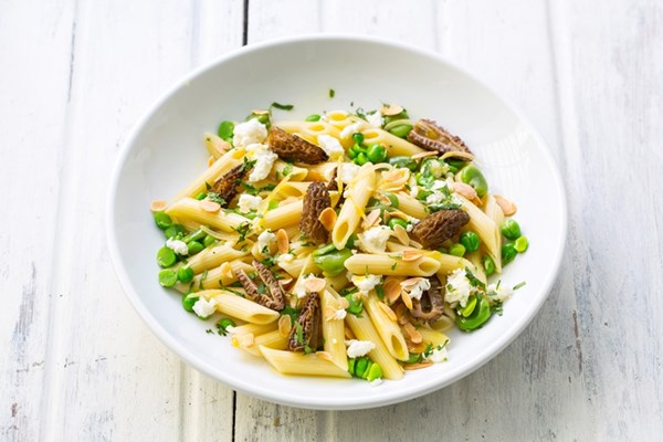 Penne rigate with morels, broad beans, English peas, ricotta and preserved lemon